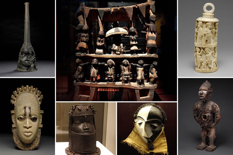 Hundreds of thousands of historical artworks from Africa remain outside the continent, including (clockwise from top left): an Oduduwa helmet mask made of bronze from Benin City in Nigeria, housed at the British Museum in London; the “Royal Seat of the Kingdom of Dahomey” from Benin Republic, at the Quai Branly Museum in Paris; an ivory receptacle with figurative relief and stopper from the Loango coast, part of modern-day Republic of Congo, at the Metropolitan Museum of Art in New York; a Central African power figure from the coast of Congo and Angola, now at the Met; a Mbangu mask from southern Bandundu, Democratic Republic of the Congo, housed at the Royal Museum for Central Africa in Tervuren, Belgium; a head of a royal ancestor from the former Benin Kingdom, a part of modern-day Nigeria, displayed at the Quai Branly; and a carved ivory pendant mask of Queen Idia, inlaid with iron and bronze, from Benin Kingdom, now at the British Museum. CREDIT: © Trustees of the British Museum; Gerard Julien/AFP via Getty Images; Metropolitan Museum of Art; Royal Museum for Central Africa; Philippe Wojazer/Reuters; © Trustees of the British Museum